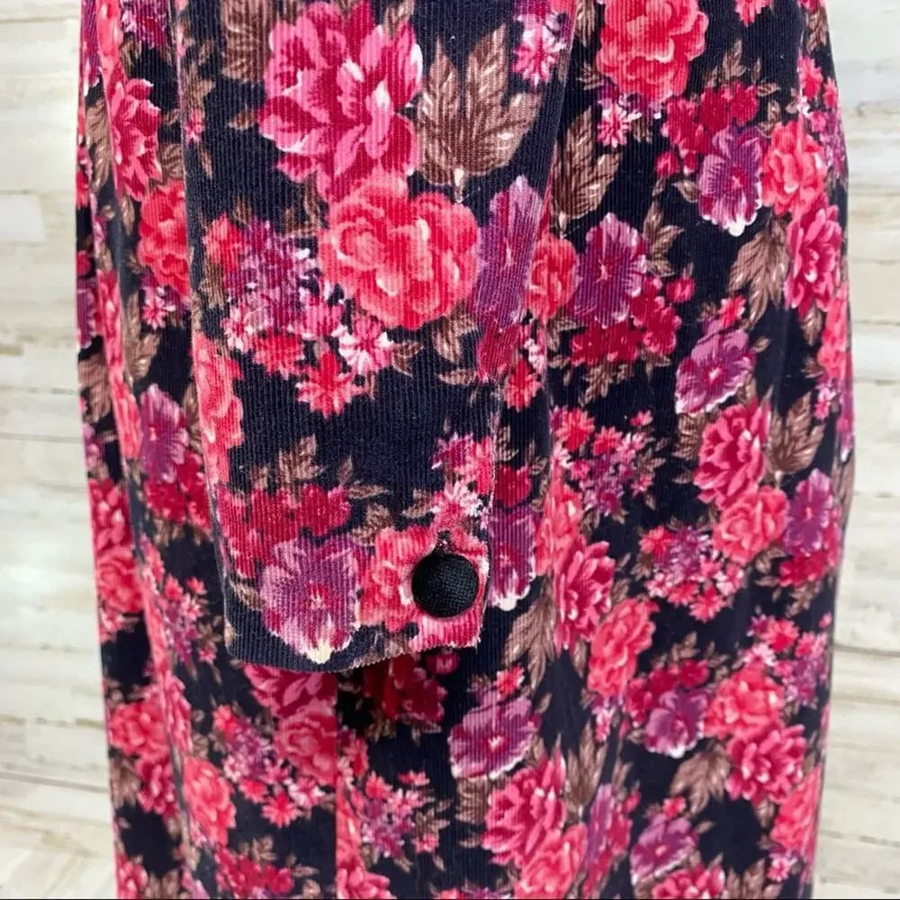Laura Ashley Vintage Floral Corduroy Dress Womens Size 10 Pink Black Velvet Trim - Picture 9 of 16